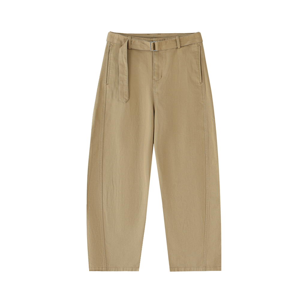 Twisted-Seam Belted Curved-Blade Pants