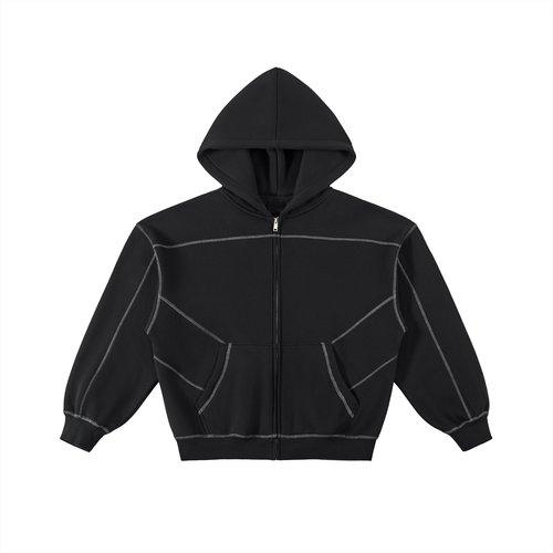 Contrast-Stitched Boxy Fleece Zip Hoodie