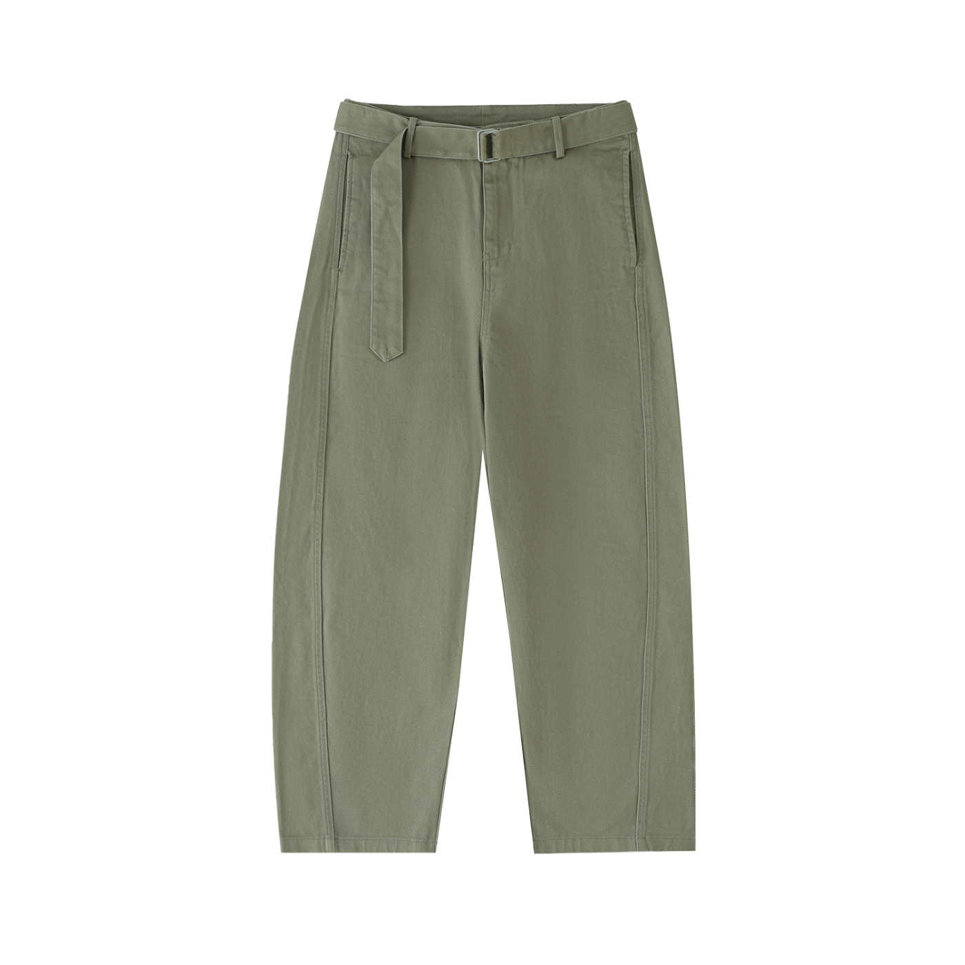 Twisted-Seam Belted Curved-Blade Pants